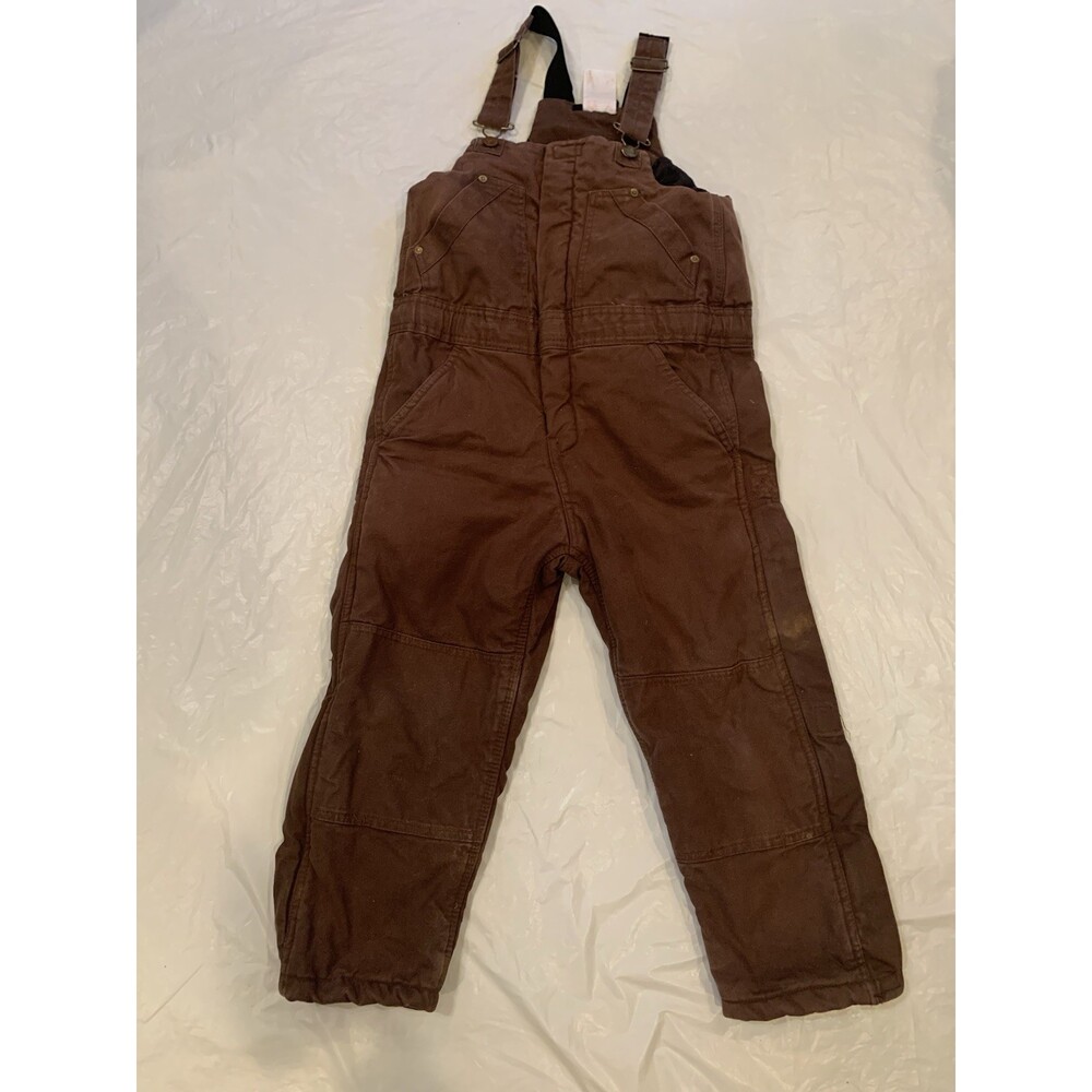 Brown Canvas Insulated Bib Overalls Boys Small Zipped Legs Pockets Adj Straps‎